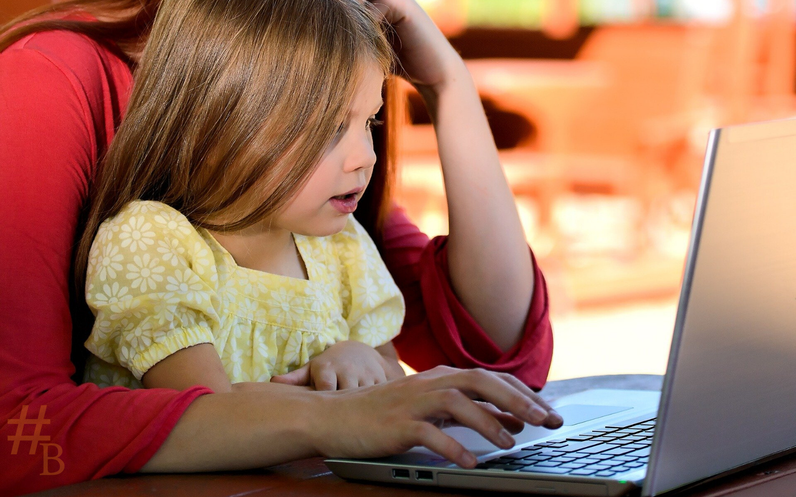 Une enfant et sa mère devant l'ordinateur